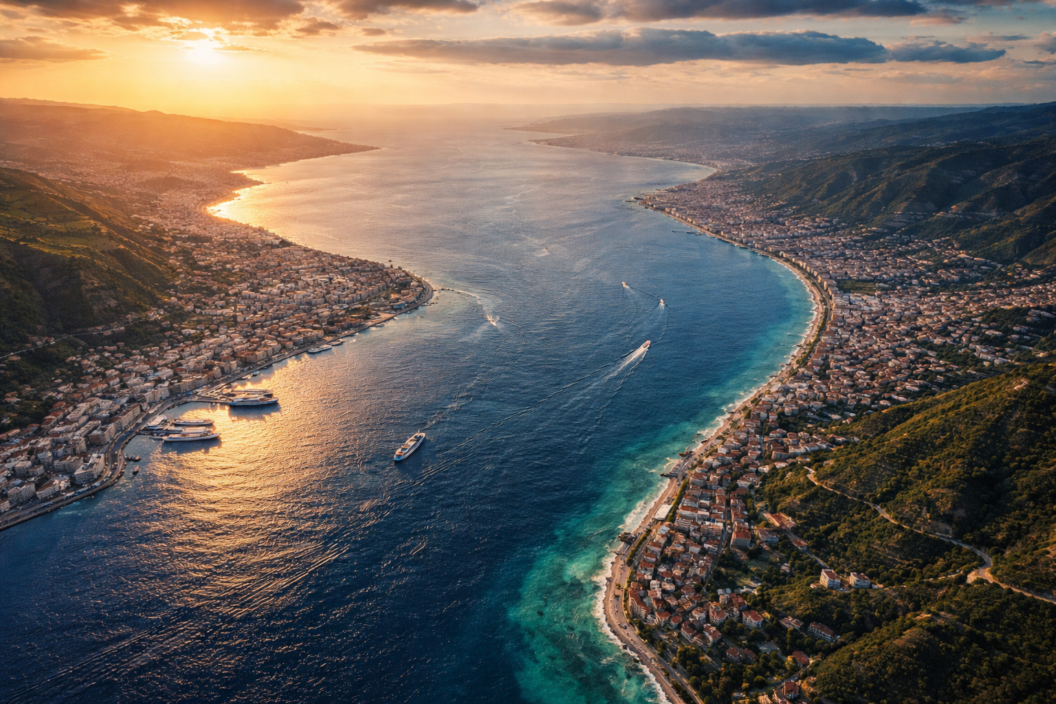 Panorama dello Stretto di Messina tra Sicilia e Calabria al tramonto